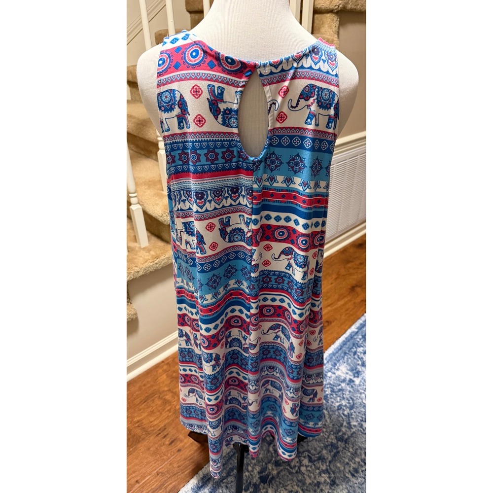 Bobbie Brooks Blue Pink Elephant Print Sleeveless Keyhole Back Shift Dress Large - Picture 5 of 5